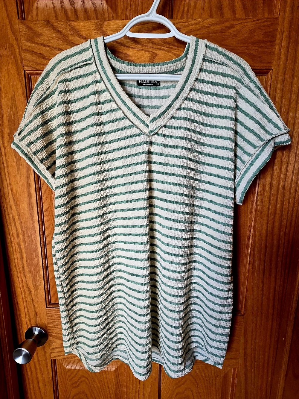 HEIMISH USA Cream & Green Striped V‑Neck Short Sleeve Tee